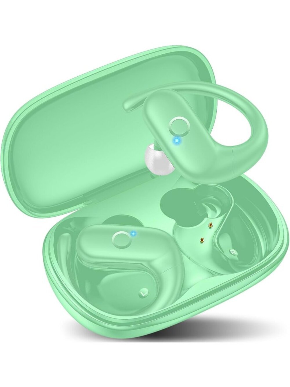 Wireless Mint Green Earbuds Bluetooth Deep Bass Sound 60Hrs Playtime Earhook